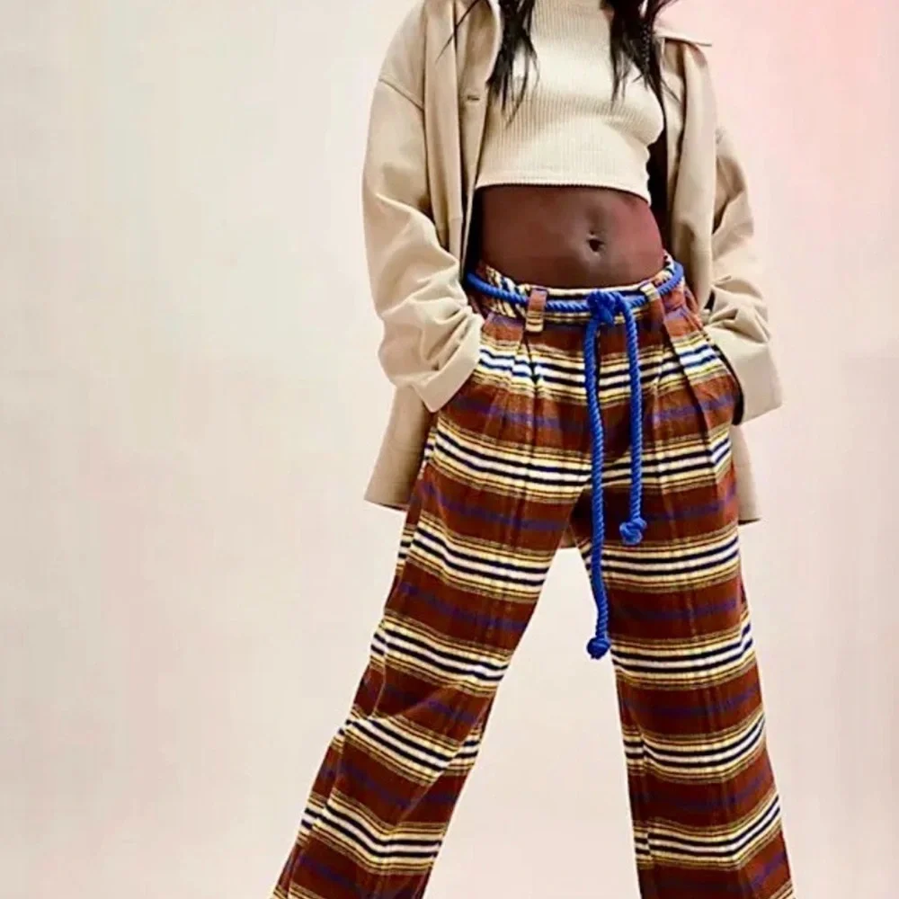 Free People Preppy Plaid Pull On Trousers Pants Flannel Tie Brown Blue S NEW - Picture 2 of 8